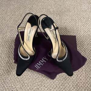 Jimmy Choo black satin heels with jewelled strap...